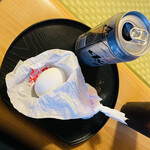 Tennen Onsen Hakata Yu - 左:源泉蒸し卵
                        中:ビール
                        右:アイス 源泉コーヒー