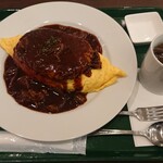 66 Cafe Idabashi Ten - ハンバーグオムライス〜ハヤシソース〜ドリンク付き¥950-