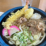 Oozeki Udon Hirose Ten - 肉、海老天、かまぼこ、ねぎ、餅天