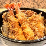 Tsukiji Tentatsu Hon Ten - 海老×2、キス、丼の半分サイズのかき揚げ、野菜4種（茄子、カボチャ、舞茸、ブロッコリー）