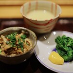 Yakitori Ogawa - 天城軍鶏の皮ポン、熊本県産の筍の擦り流し、菜の花の昆布締めには自家製のマヨネーズ。