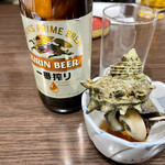 Miyo Zushi Hase Ten - ビール　お通しはサザエの壺焼き　2022.01