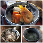 水縄茶寮 - ◆共通・・煮物もお味がよく浸みていて美味しい。 雑穀ご飯は少な目でしたので、半分夫へ。お味噌汁にはワカメなどが入り、いいお味。