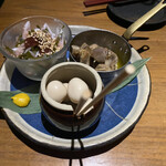 Tosaka-na Dining Gosso Musashikosugi Ten - ①白レバースモークオイル漬け　②焼き鳥屋のうずら卵　③おろし鶏水晶