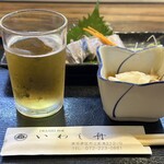 Iwashi Bune - 瓶ビール、付き出し（南蛮漬け）、いわしのお造り