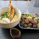 うどん黄まぐれ - 料理写真:えび天うどんとサーロインとカットステーキの合盛り