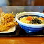 Marugame Seimen Numazu Ten - 明太釜玉(得2玉)、げそ天と野菜かき揚げ