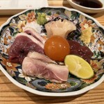 Teppan Jidori Yaki TARO Osaka Fukushima Honten - とり刺身4種盛(紀州鴨ロース・丹羽黒どりきも・むね昆布しめ・ももタタキ・温泉たまご風きんかん）