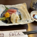 Uoshin - お造り。マグロとヒラメの昆布締め。昆布締め美味しかったー。