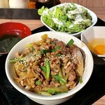 Nakamiya Honten - ホルモン丼　生卵トッピング　サラダ、スープ付き