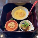 XEX TOKYO / Teppanyaki An - 季節の前菜/ 枝豆と海老の豆腐・鶏の八幡巻き・里芋そぼろ