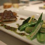 Restaurant Hiromichi - マコガレイのポワレ　穂紫蘇とバジルのソース　契約農家の野菜添え（野菜）