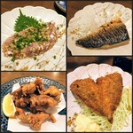 Gyocho Moku - アジなめろう、川正商店の砂干し鯖（￥700）、鶏からあげ（￥780）、アジフライ（￥700）