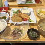 Obon de Gohan Daibashti Tokyo Puraza Ten - 境港産アジフライと海老フライ&鯵たたきのサクサク醤油定食 1,680円