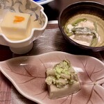 Noto Ryokan - 【前菜】しめじずんだあえ•とうもろこし真丈•じゅんさい