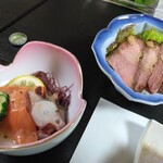 Echigo Tokamachi Kojimaya Hon Ten - サーモンとタコの酢の物・ローストポーク