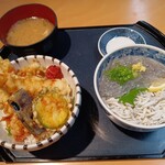 Yaizu Sakana Center Sansui - 【 ミニ丼＋ミニ丼 】『 ミニ 「 釜揚げしらす 」・「 生しらす丼 」 』　＋　『 ミニ 天丼』　１６５０円