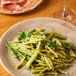 Aged potatoes and green beans with basil pesto, twisted short pasta "Trofie"