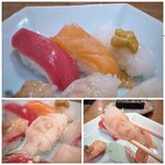 Sushi Dokoro Takatora - ◆赤身、サーモン、烏賊雲丹のせ・・烏賊の雲丹のせをこのお値段で頂けるのは嬉しいですね。^^ ◆生海老・・甘くて美味しい。海老を見るだけで笑顔になります。♪