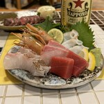 Izakaya Miyako - 刺身盛り(５種盛)(まぐろ、鯛の霜降り、カンパチ、たこ、赤海老)