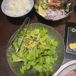 Yakiniku Gansou Hon Ten - 中ライス，ローストユッケ，塩チョレギサラダ