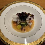 Okamoto - 吉野胡麻酢・天然車海老・鮑炙り　ズッキーニ・揚げ銀杏・赤芽じそ・岩茸煮・線長芋