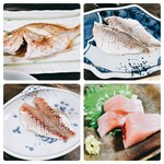 永田旅館 - 真鯛の塩焼き、酢締めアジ、アジのお刺身、シビマグロのお刺身