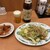 日高屋 - 料理写真:野菜炒め、キムチチャーシュー、瓶ビール