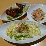 Maneki no Yu Koriyama - 塩キャベツ・寄せ豆腐・ピリ辛唐揚げ ３品