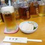 Totoya - 2015年5月　生ビール中【540円】お通しは3種類から選ぶタイプで手作り鶏ハム。