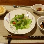 Pension Yamaboshi - 夕食①（レタスララダ　茄子味噌和え　きのこソテー　メレンゲシーフードグラタン）