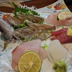 旬魚菜 しら川 - 刺し身盛り合わせ（クロムツ小、オキザワラ、イラ、宗田カツオ、ダルマイカ）