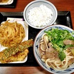 丸亀製麺 - 鴨ねぎうどん（並）＆ 天丼用ごはん ＆ 野菜かき揚げ ＆ かしわ天 ＆ ちくわ磯辺天