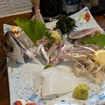 旬魚菜 しら川 - お刺身盛合わせ（アジ・しめ鯖・剣先イカ・炙り太刀魚）