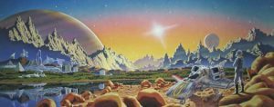 A science fiction landscape illustrated with advanced tech and idyllic features.