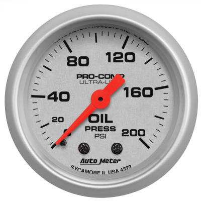 GAUGE, OIL PRESSURE, 2 1/16", 200PSI, MECHANICAL, ULTRA-LITE - 4322