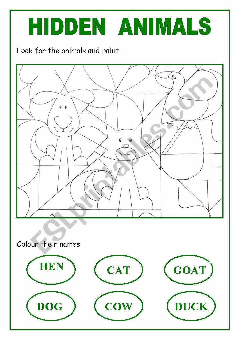 Hidden Animal Pictures Worksheets Inspirational Hidden Animals Esl Worksheet by Esba