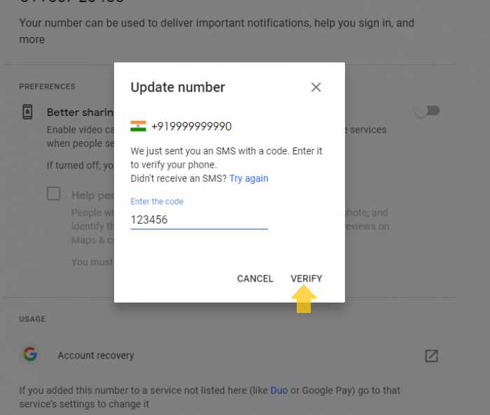 Google verification code to uodate email phone number