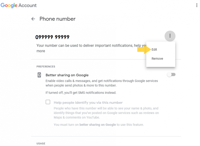 edit you google account phone number