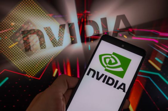 Nvidia logo on smart phone with GPU in the background.