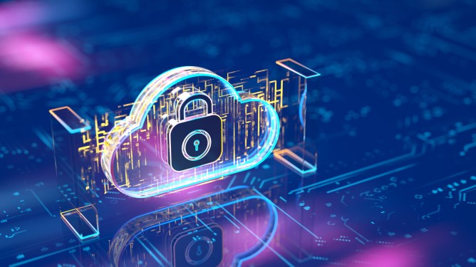 3D cloud with lock on it symbolizing cloud security.