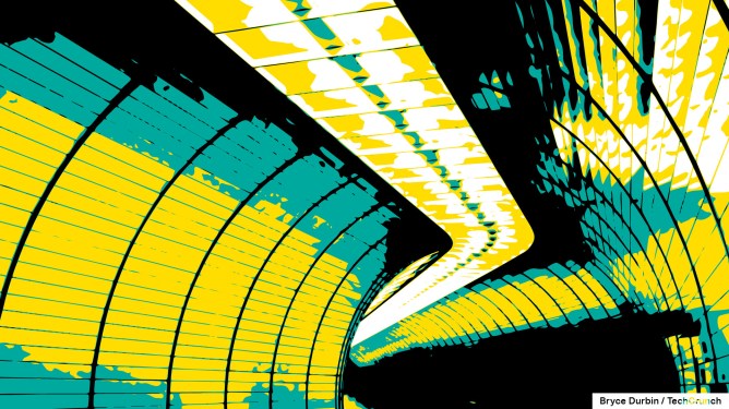 an illustration of an underground tunnel gong bending around a corner to the left using mostly green, yellow and black, with the darkness of the tunnel exit in the near distance