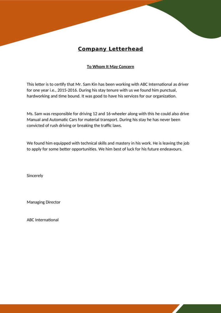 Driver - Experience Letter / Certificate Template Download in Word (.docx)