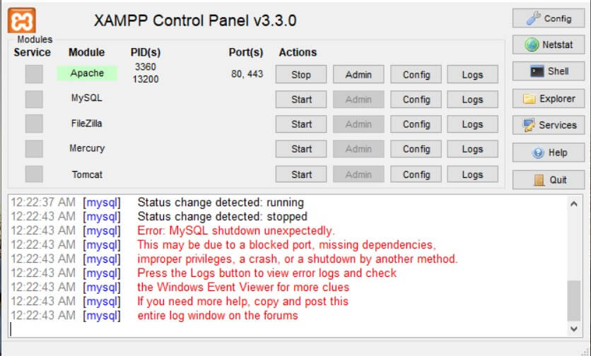 Error: MySQL shutdown unexpectedly