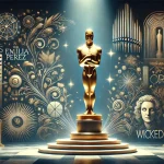 An Oscar statuette on a dramatic stage backdrop, surrounded by elements symbolizing Emilia Perez, The Brutalist, and Wicked, highlighting the 2025 Oscar nominations.