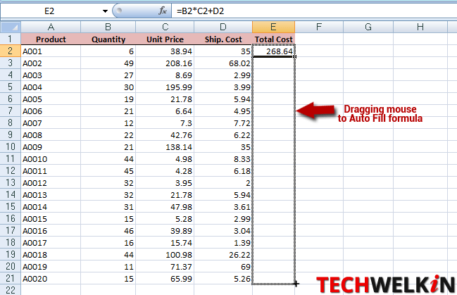 Dragging auto fill handle