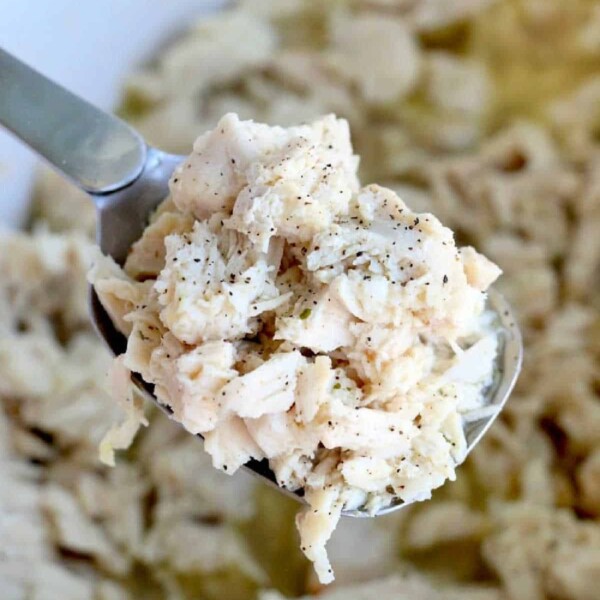 Close-up of a spoon holding shredded chicken over a bowl of cooked chicken in broth, perfectly simmered from crockpot frozen chicken.