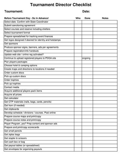 Golf Tournament Director Checklist