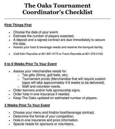 Oaks Golf Tournament Coordinator’s Checklist