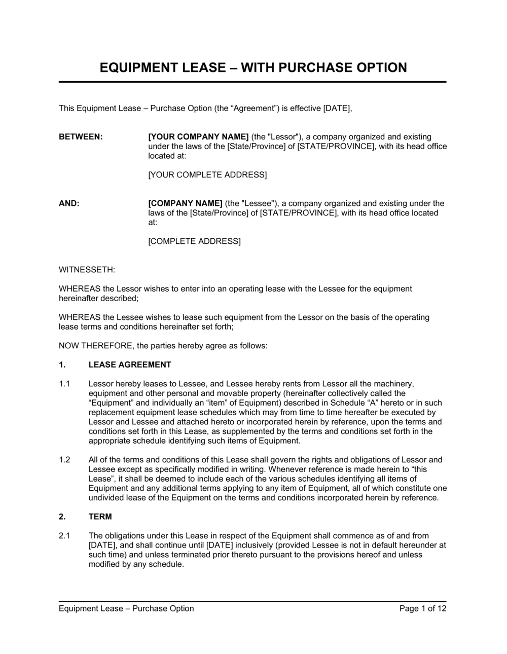 Equipment Lease Contract Template